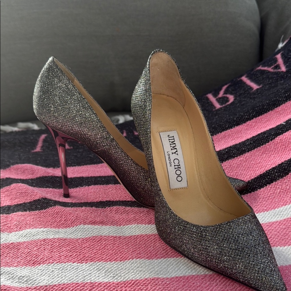 Jimmy Choo Silver Glitter Heels for Evening Elegance